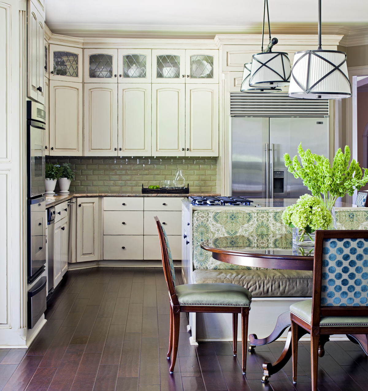 Dark wood and wonderfully embellished banquette