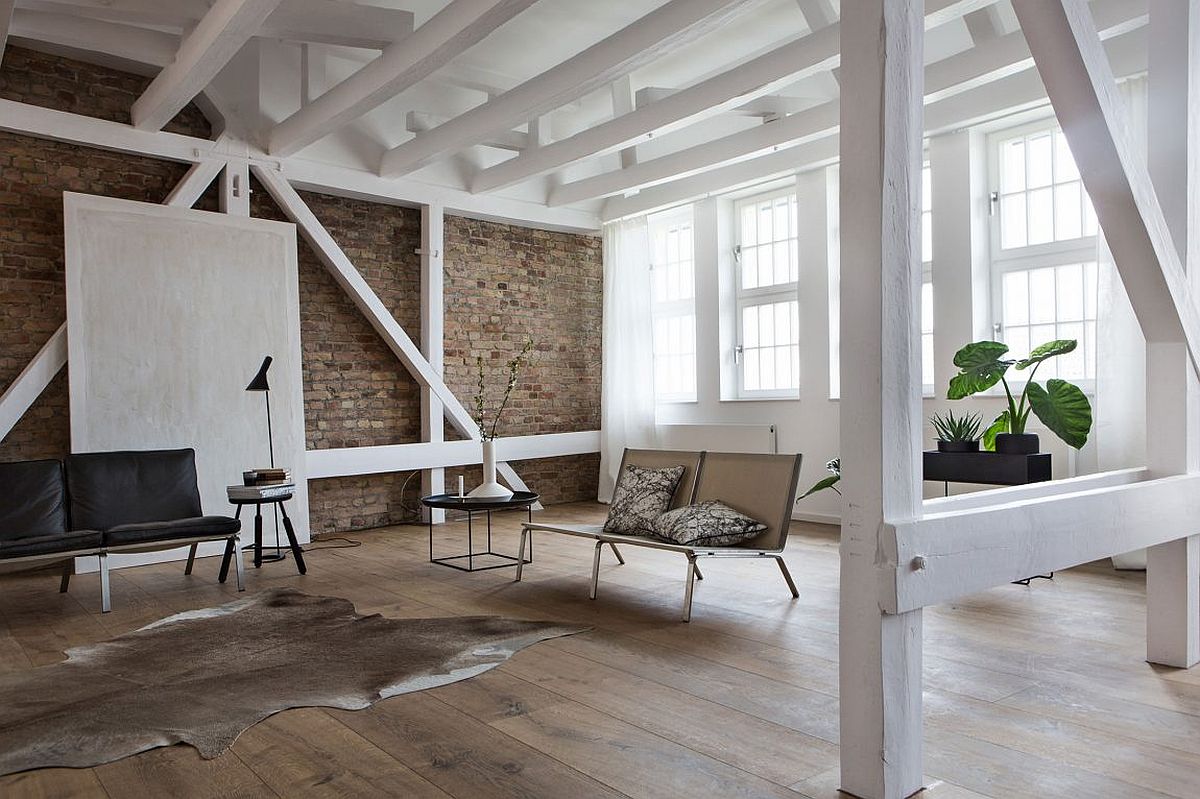 Exposed brick walls and white walls give the interior a natural, relaxing feel