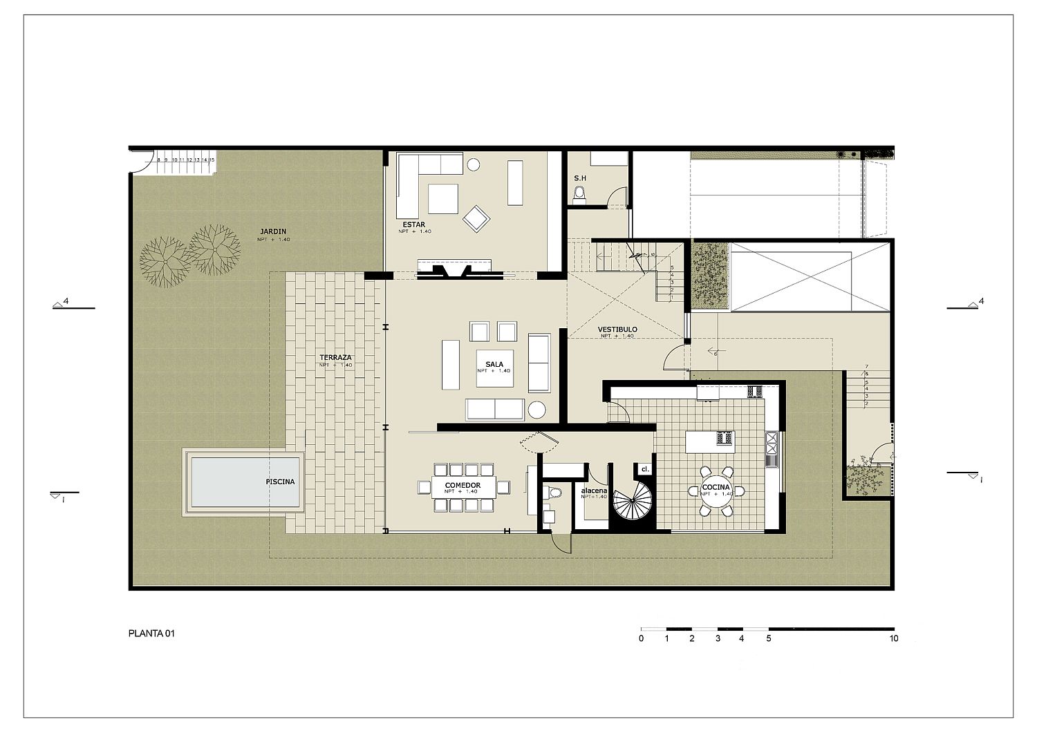 First level floor plan of contemporary home in Lima with rooftop garden and living areas