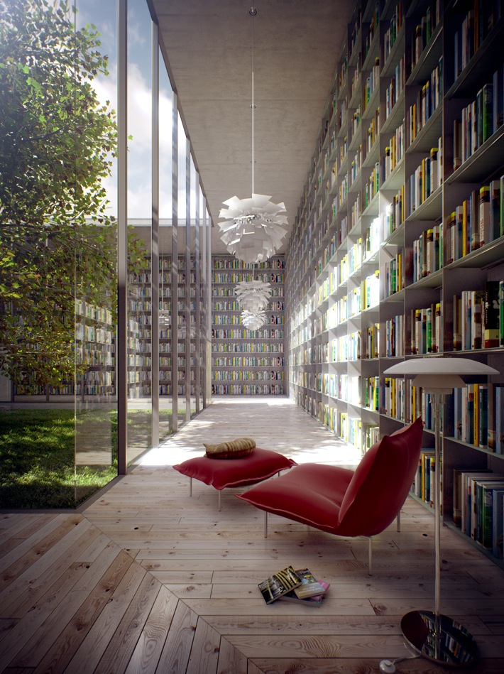 A room featuring a vibrant red chair, bookshelves across the wall, and ceiling-to-floor glass windows.