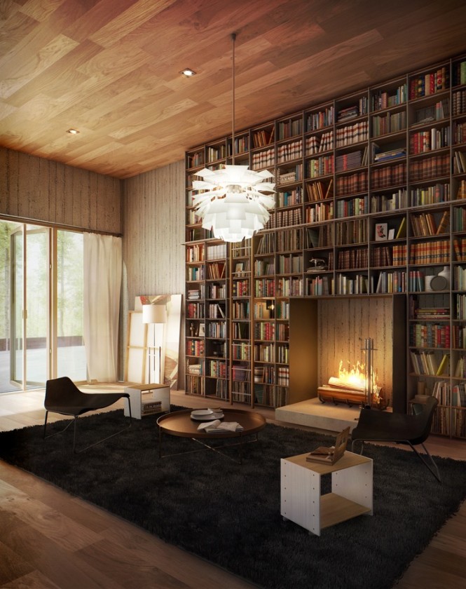 On both sides of the fireplace, there are bookshelves filled with books which are made of wood.