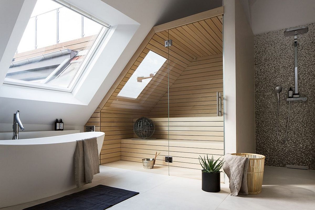 Lavish contemporary home bathroom and sauna