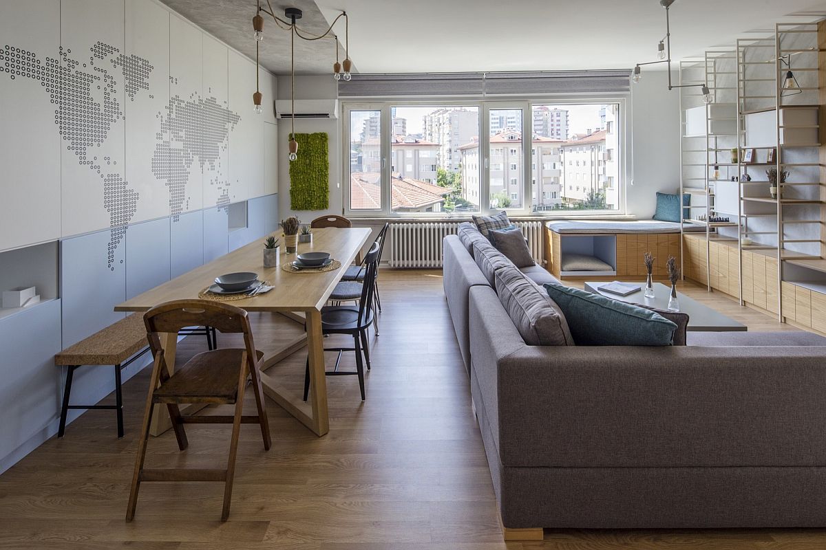 Living area and dining room of small apartment for a newly wed couple in Istanbul