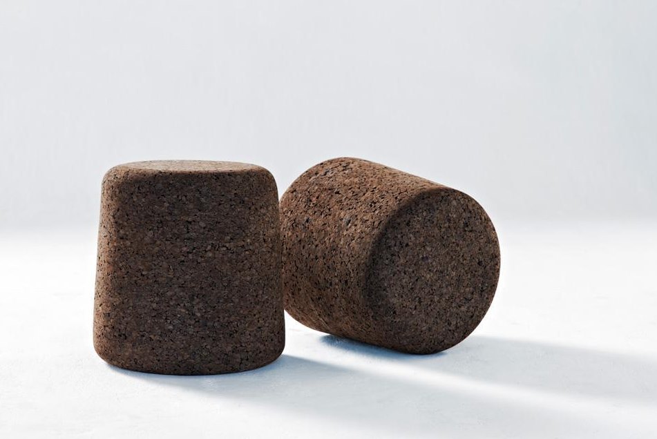 Low stools made from recycled dark cork