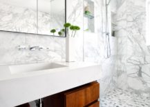 A luxurious bathroom featuring elegant marble walls and flooring with wood cabinets.