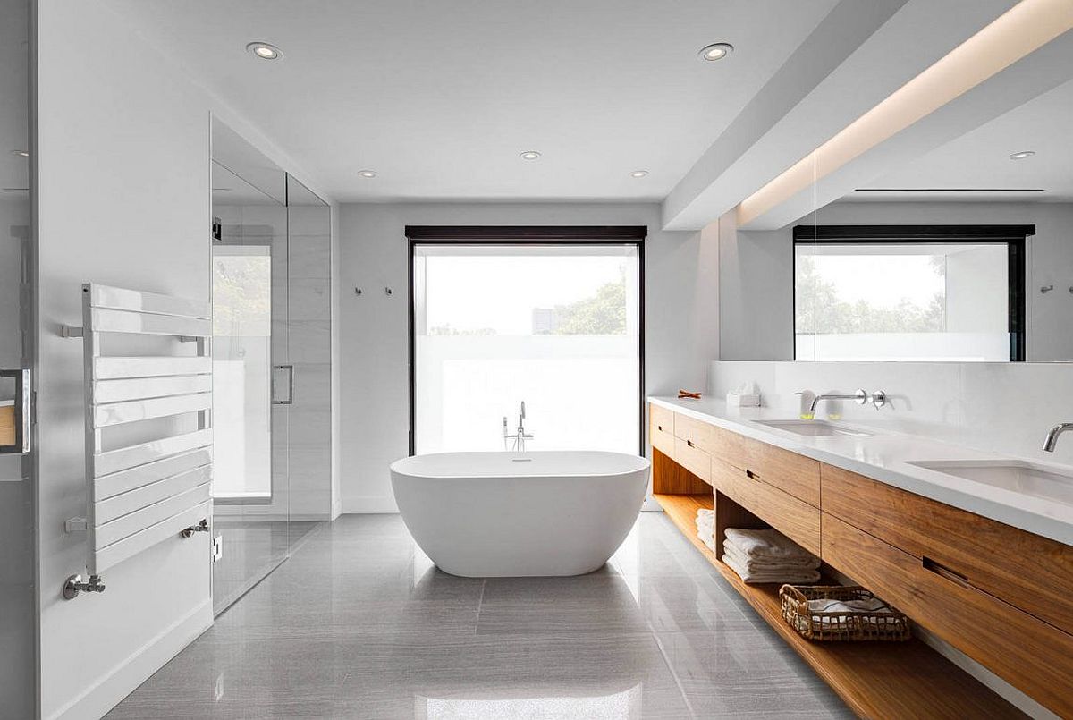 Modern-bathroom-in-gray-and-white-with-wooden-vanity