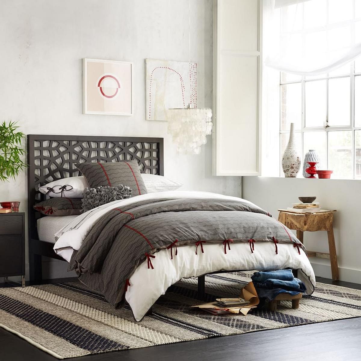 Morocco-inspired headboard deisgn adds to the style of contemporary bedroom - West Elm