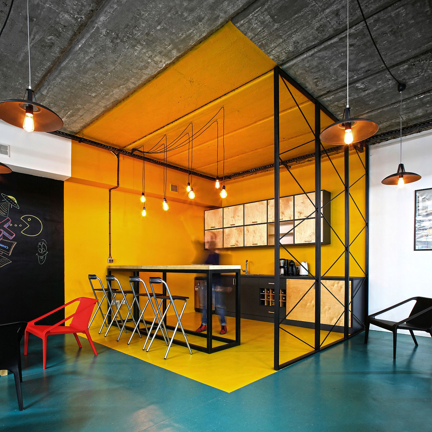 Office kitchen in bright yellow with industrial style