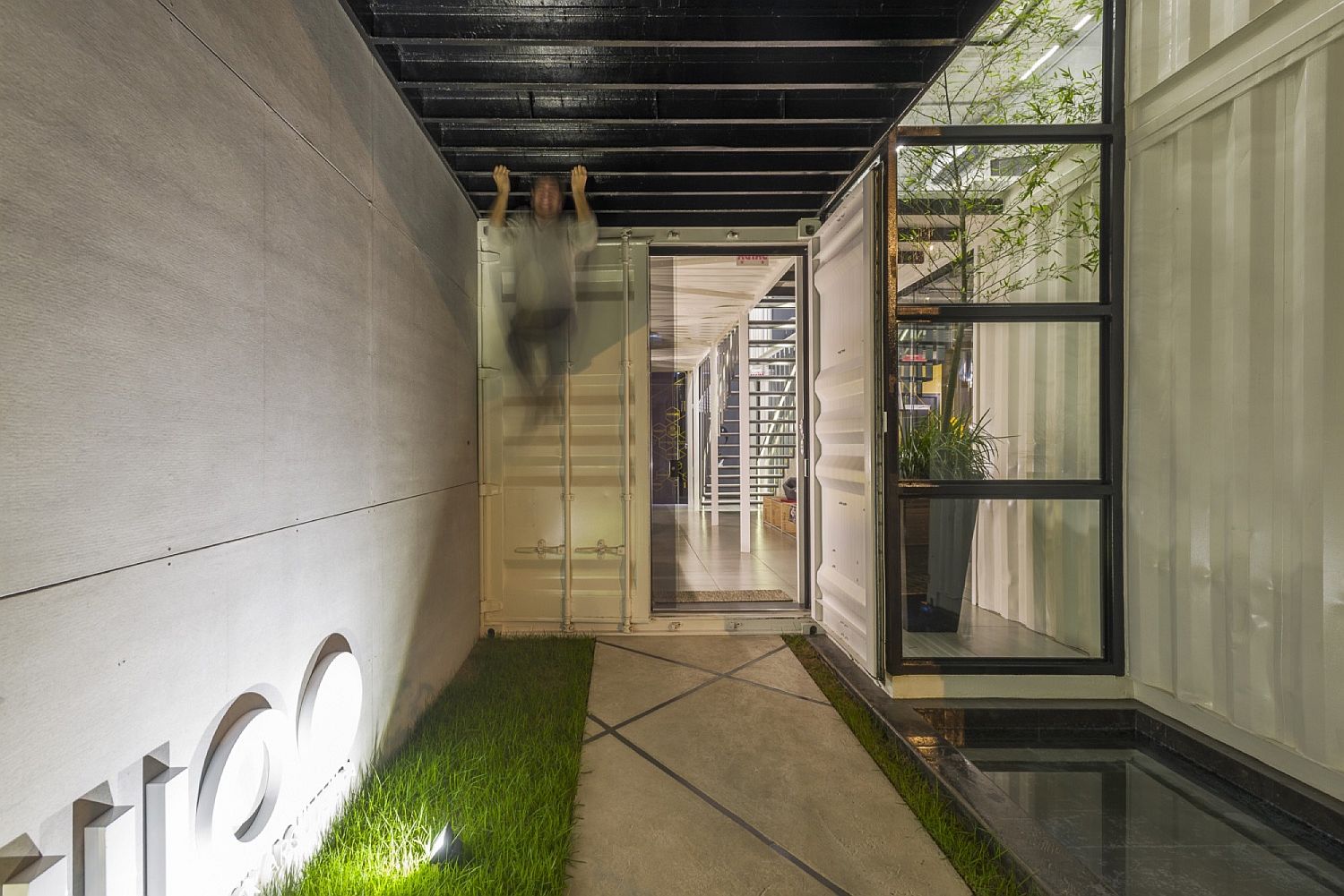 Patches of greenery and activity zone inside the sustainable container office