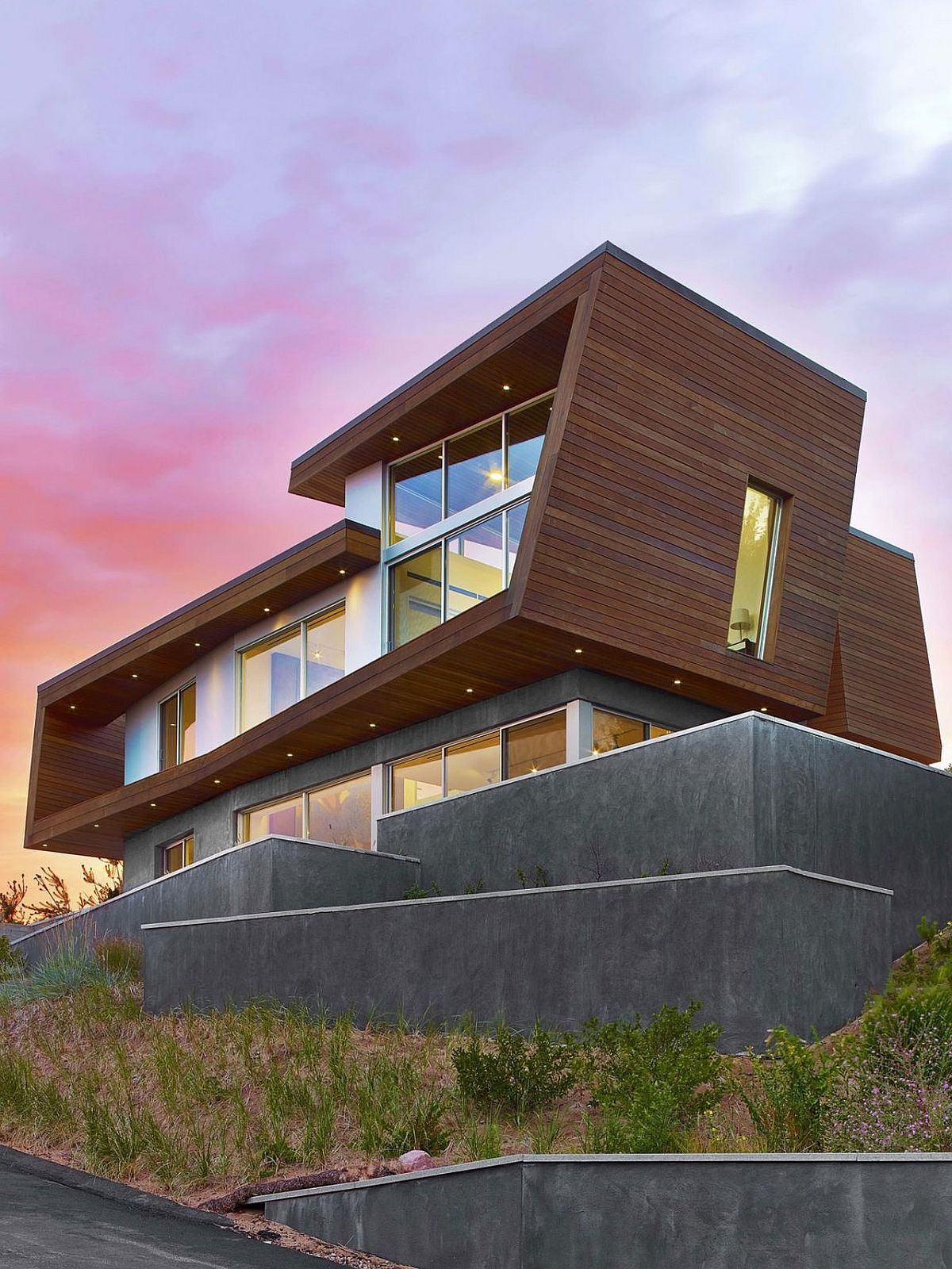 Smart wood and concrete facade of the beach house in Cape Cod