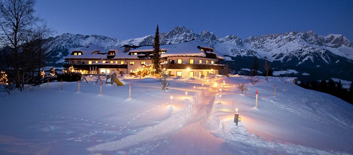 Snow-covered slopes and landscape around Kaiserhof Hotel in Austria