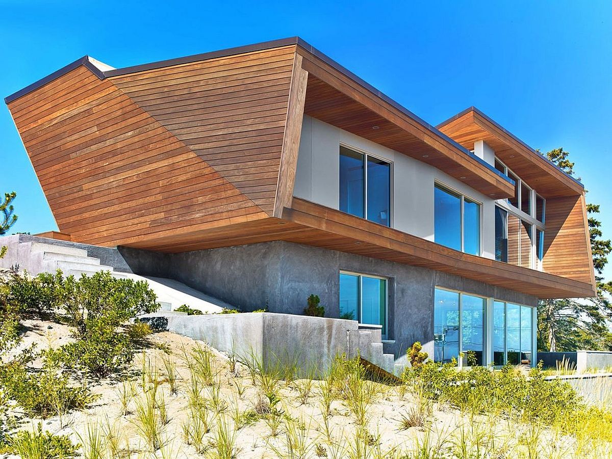 Solid concrete base and wooden top section of beach house in Cape Cod