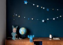 Space children's room with a stuffed animal tucked in the comforter, flanked by star cut-outs hung from string.