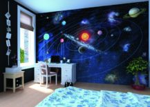 Space children's room with universe wall art and a white desk.