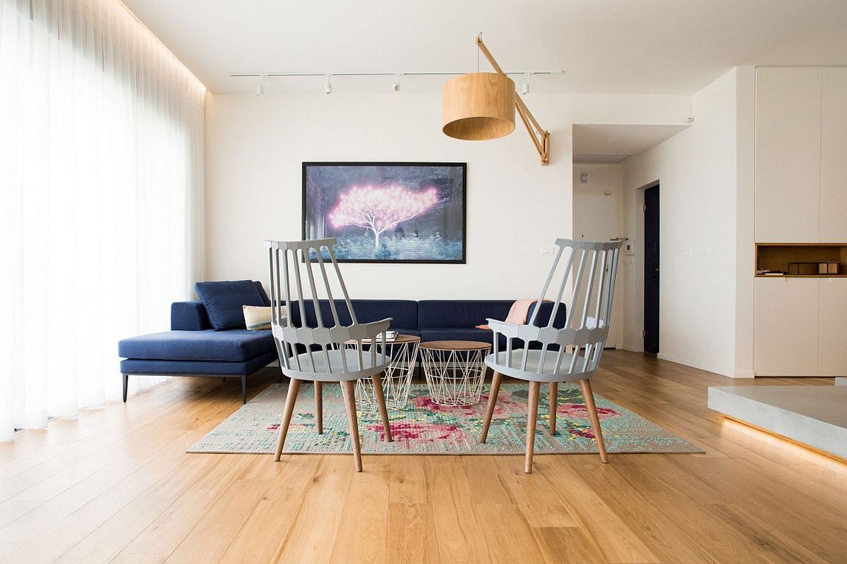 Striking wooden pendant fixture adds to the ambiance and style of the living space