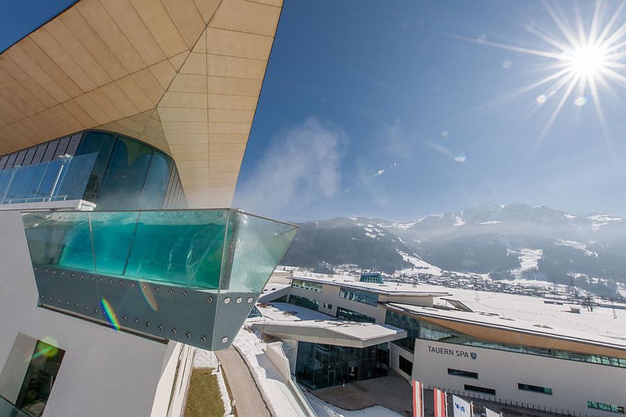Stunning mountain views from the Skyline pool with glass walls at Tauern Spa Hotel & Therme