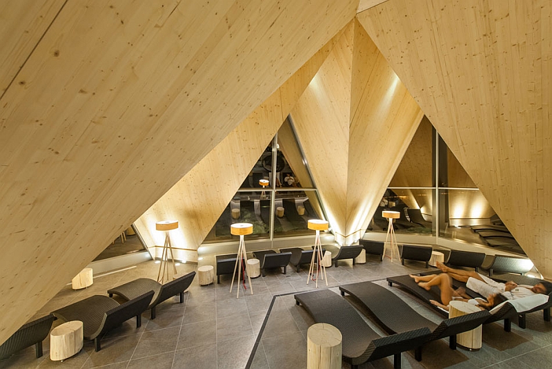 Wood adds warnth to the spa interior at the Aqua Dome