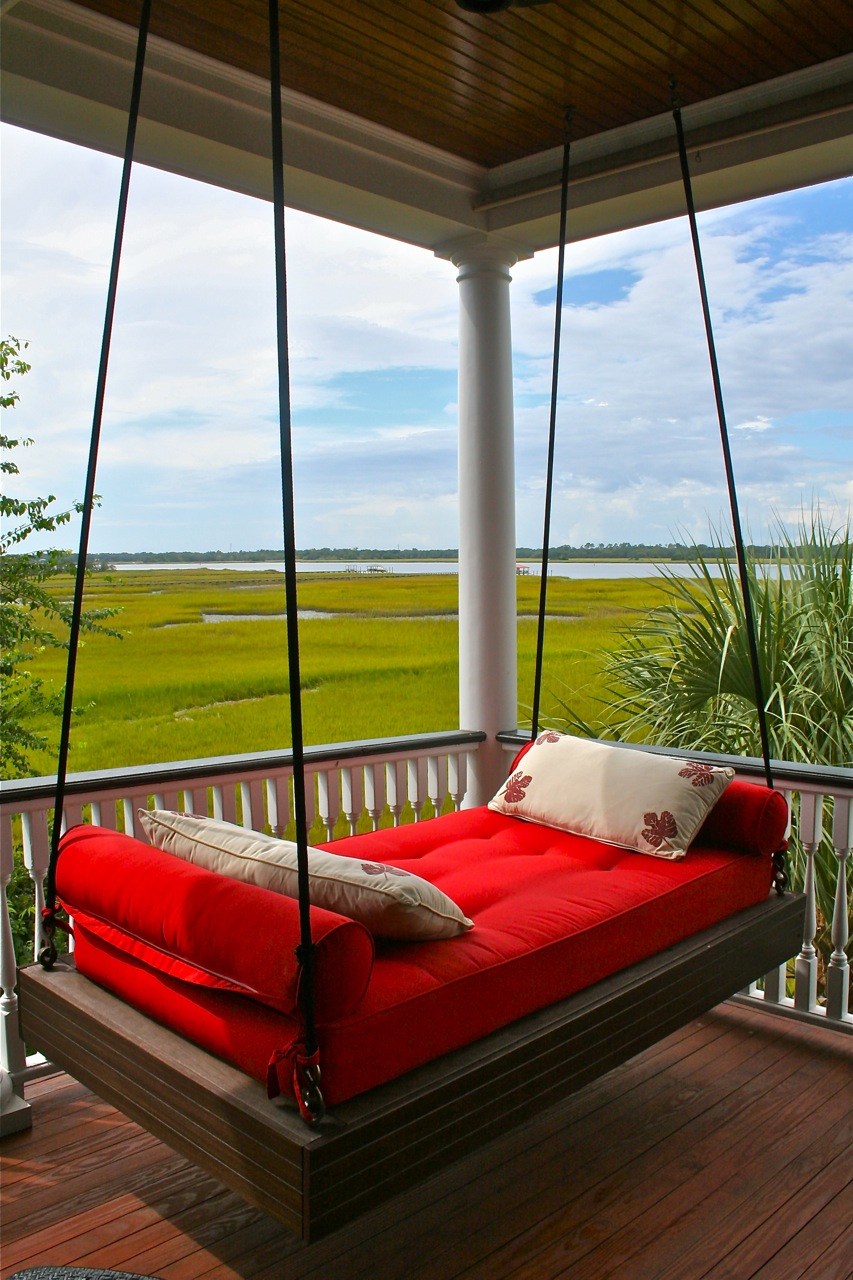 A modern and vibrant porch swing that radiates luxury