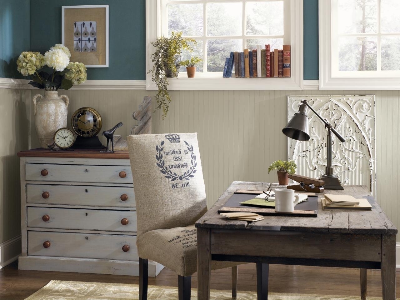 A rustic home office with some added color for diversity