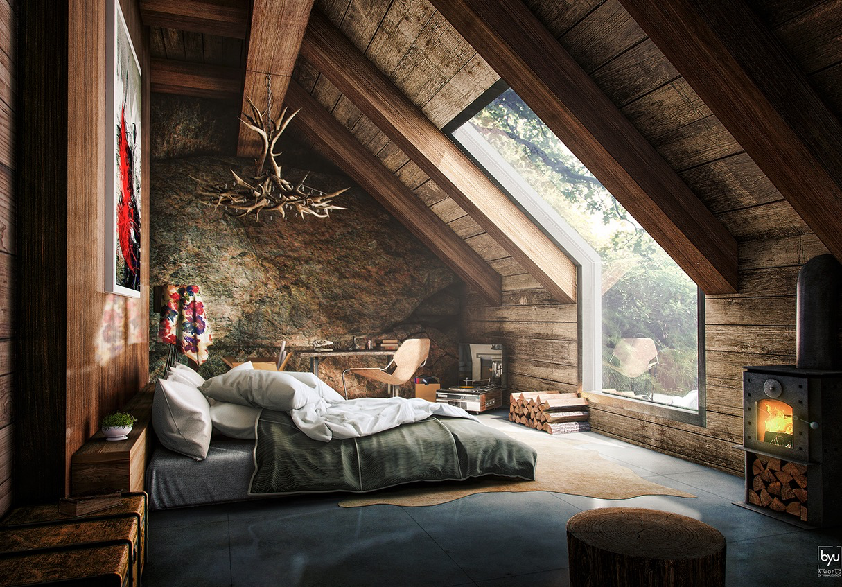 Attic-bedroom-with-welcoming-wooden-interior-and-defining-countryside-furnishing