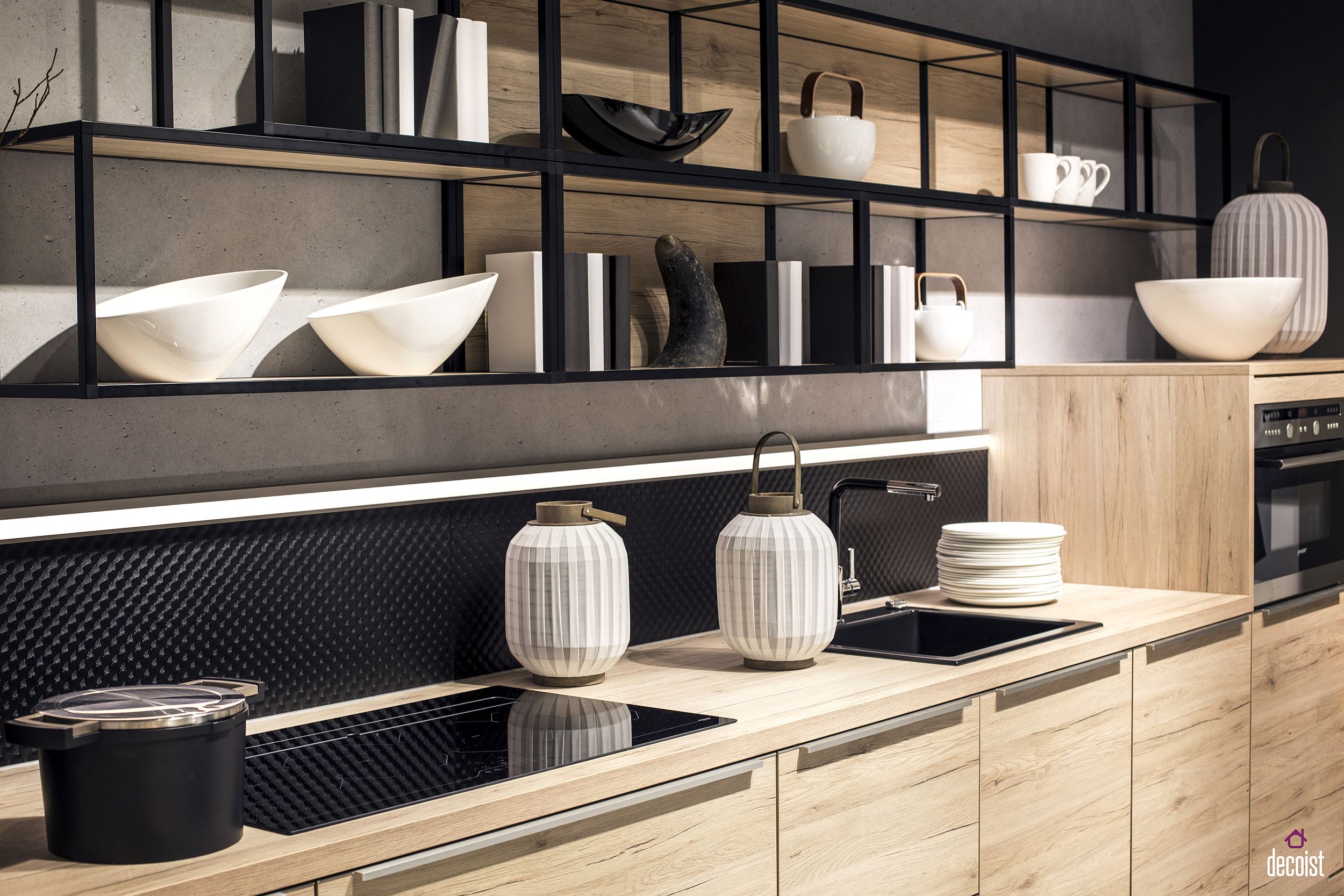Black metallic frame gives these kitchen shelves a modern industrial style