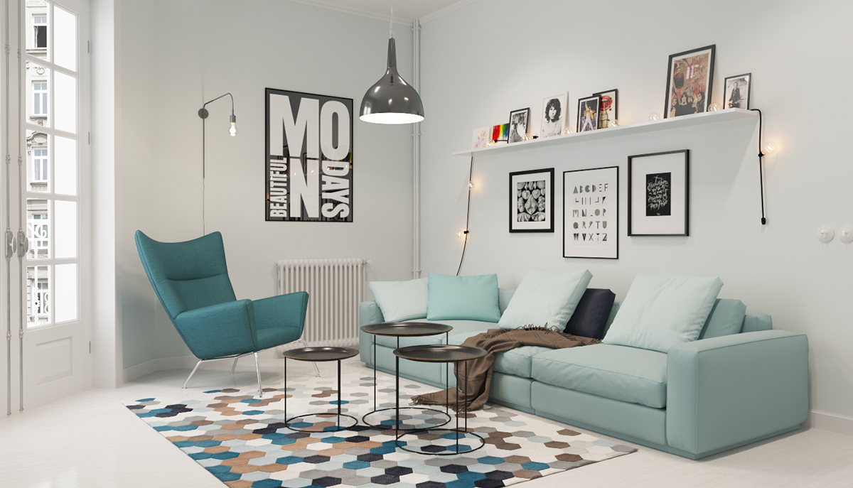 Bright and simplistic living room with a mint sofa