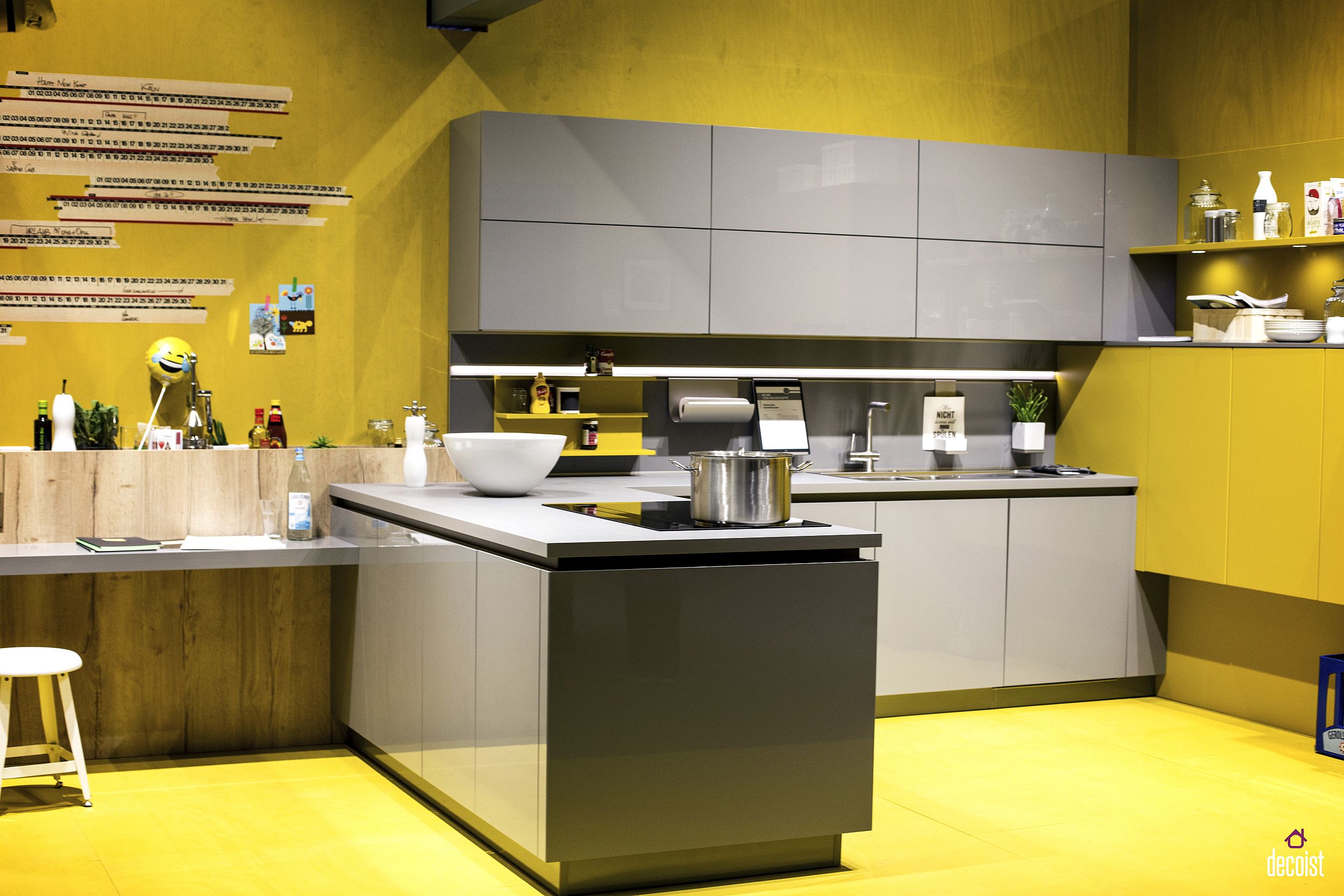 Cheerful kitchen in yellow and gray with modular shelving