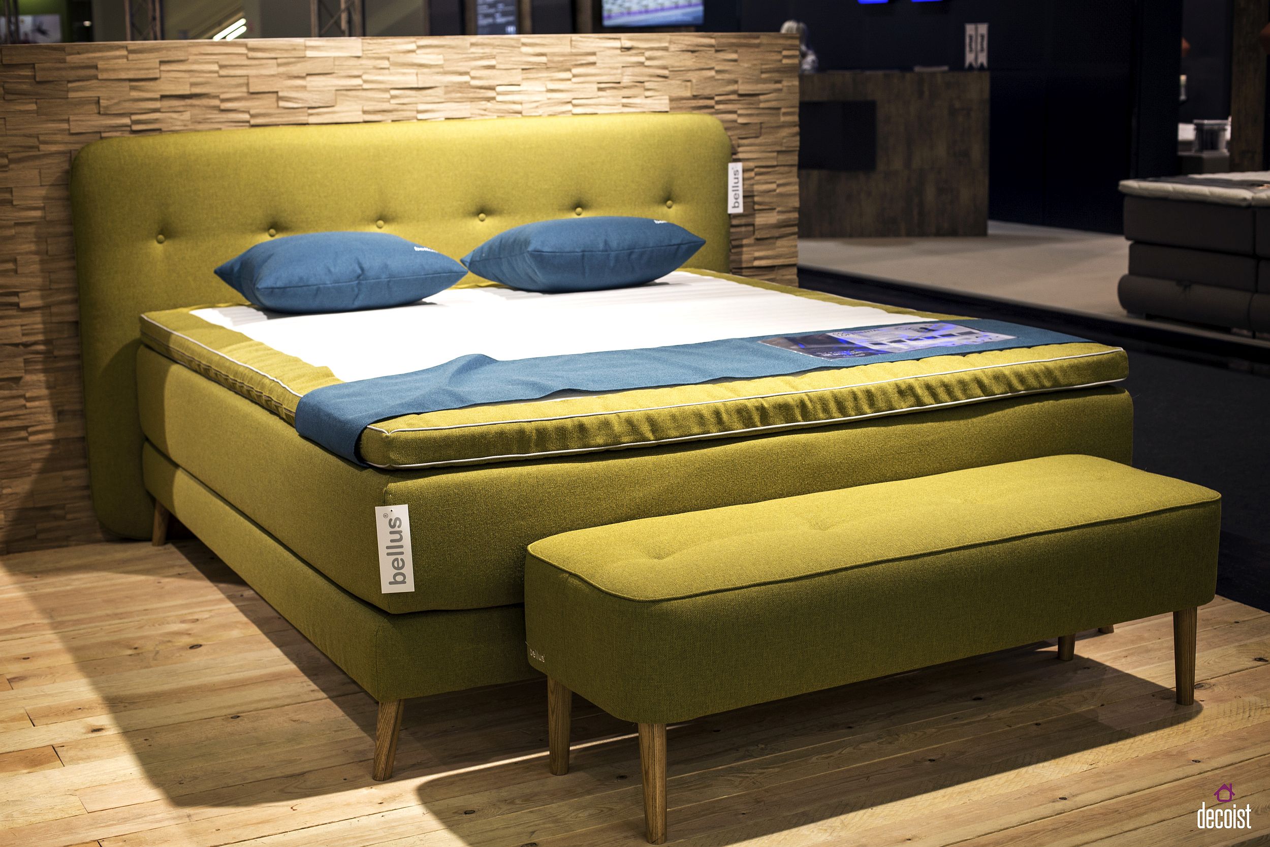 Comfy contemporary bed from Bellus with a dashing tufted headboard