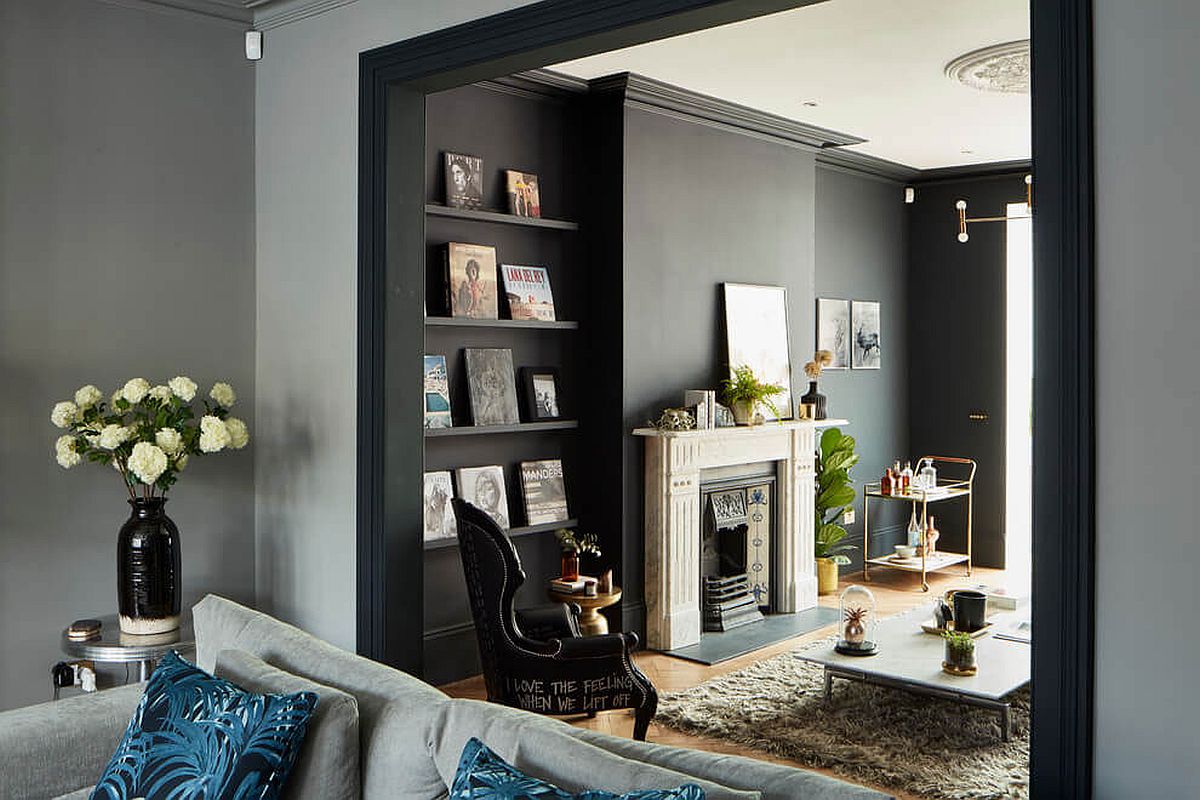 Contemporary living room and study in gray