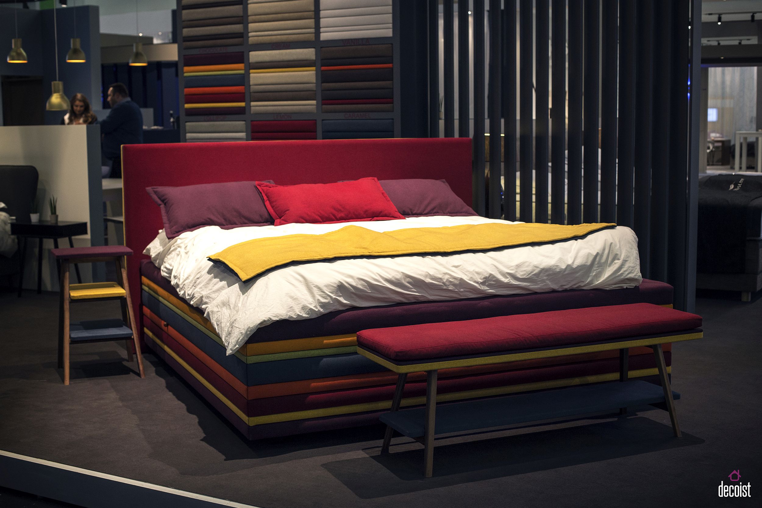 Dashing contemporary bed with multi-colored charm and a splash of red