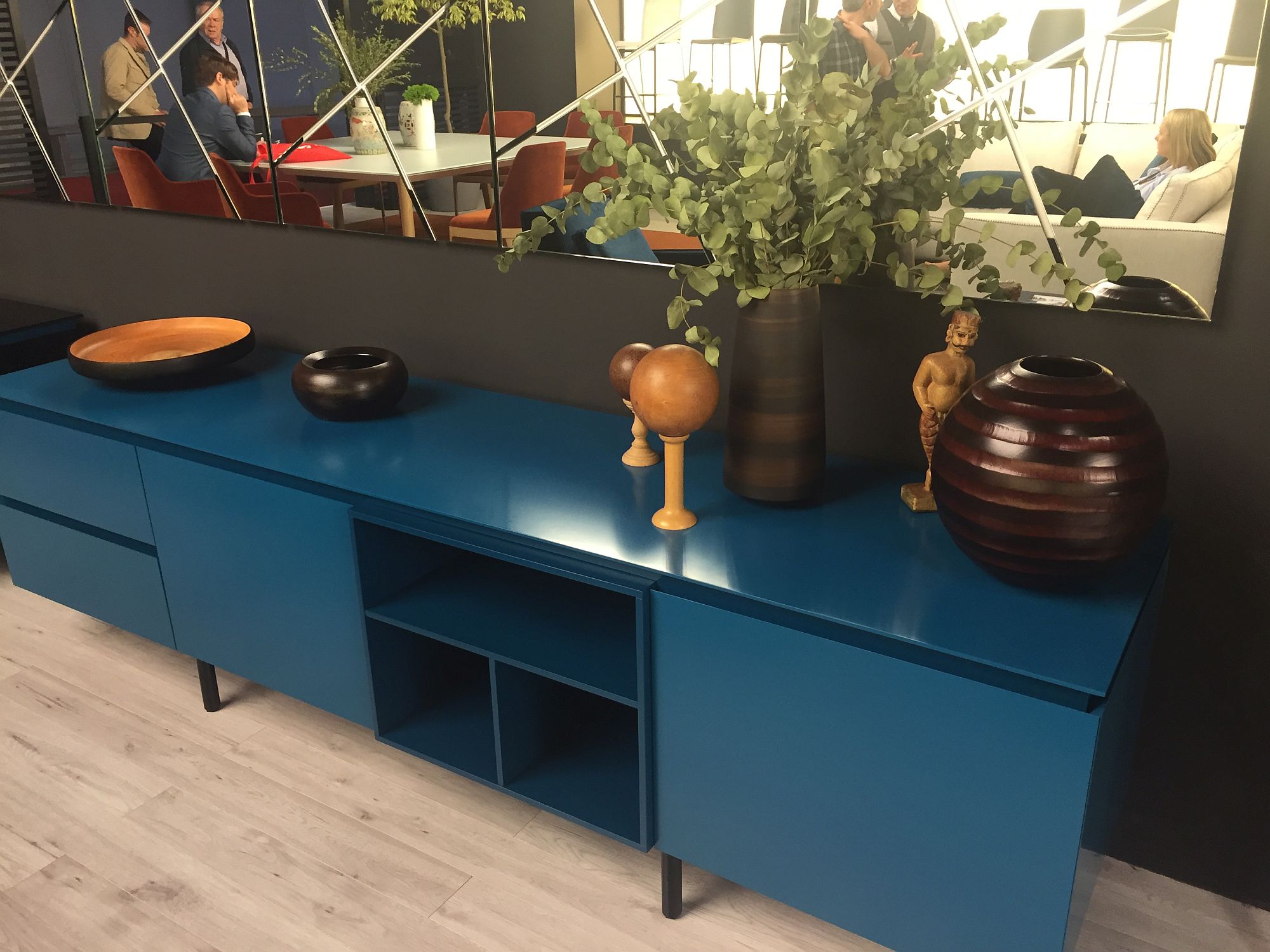 Dashing living room sideboard in blue with multiple drawers and cabinets