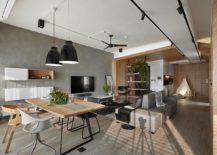 Dining-area-with-bold-pendants-in-black-and-cool-recessed-lighting-217x155