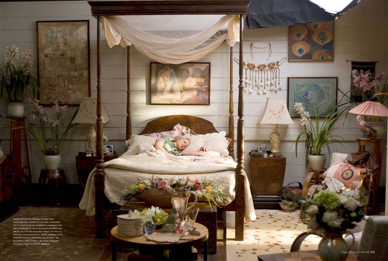 Four poster bed styled with a white canopy and corresponding bed sheets