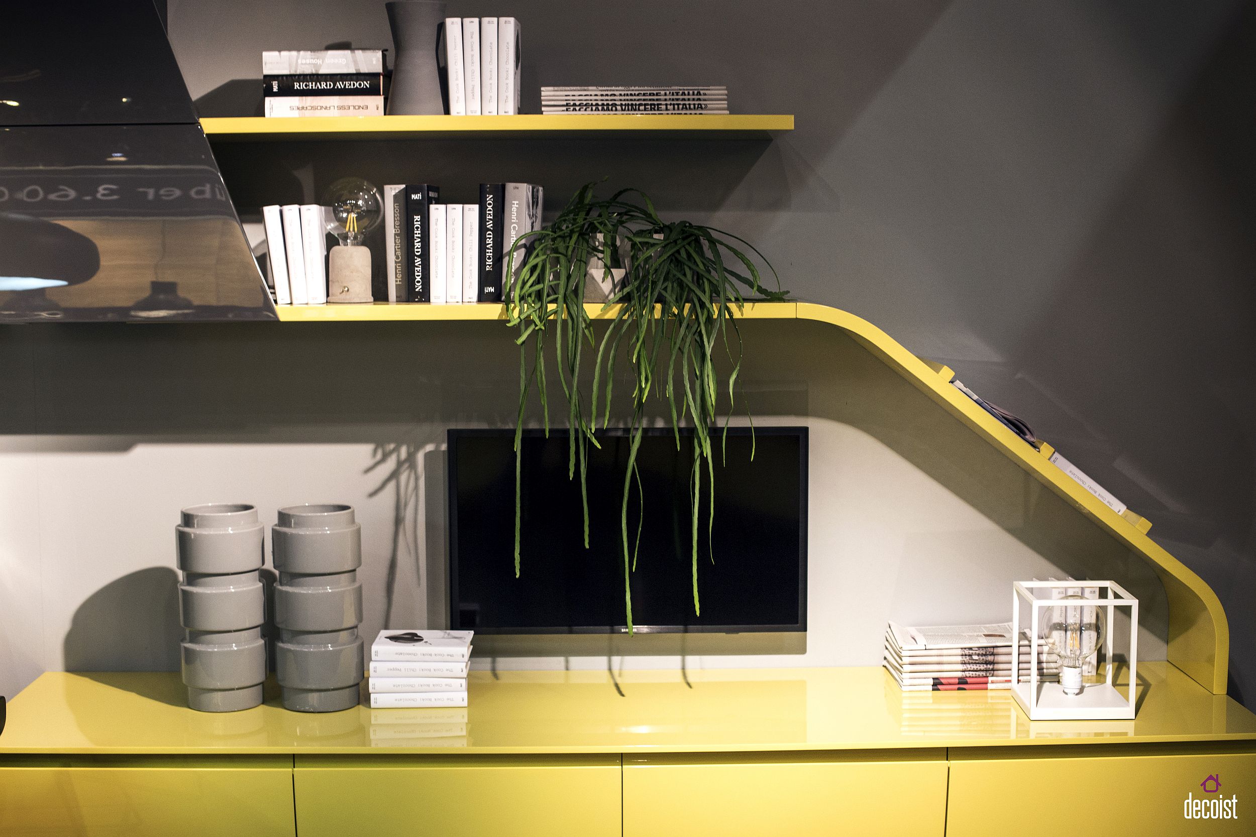 yellow open shelving kitchen design