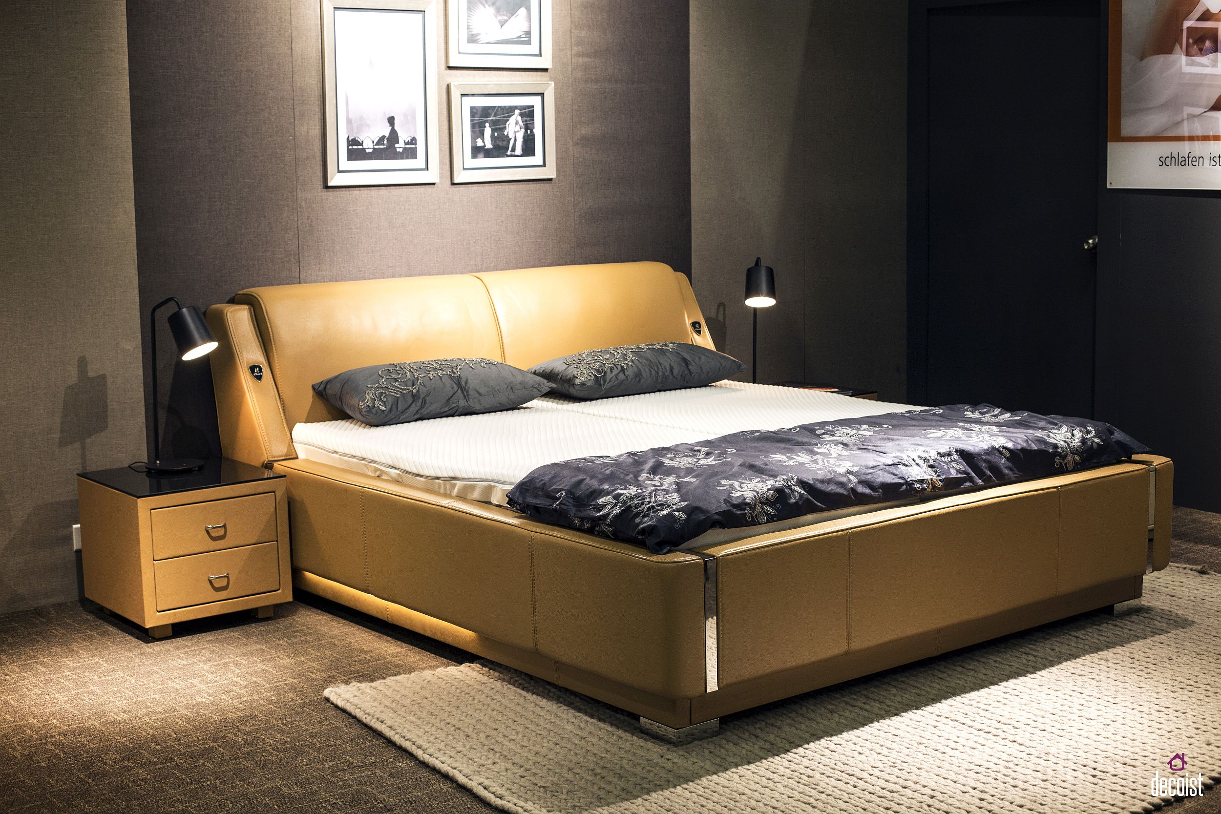 Leather bed and headboard for the masculine bedroom of the bachelor pad