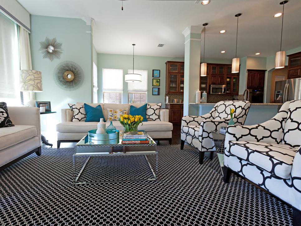 Make your spacious living room feel warm and friendly with mint colored walls