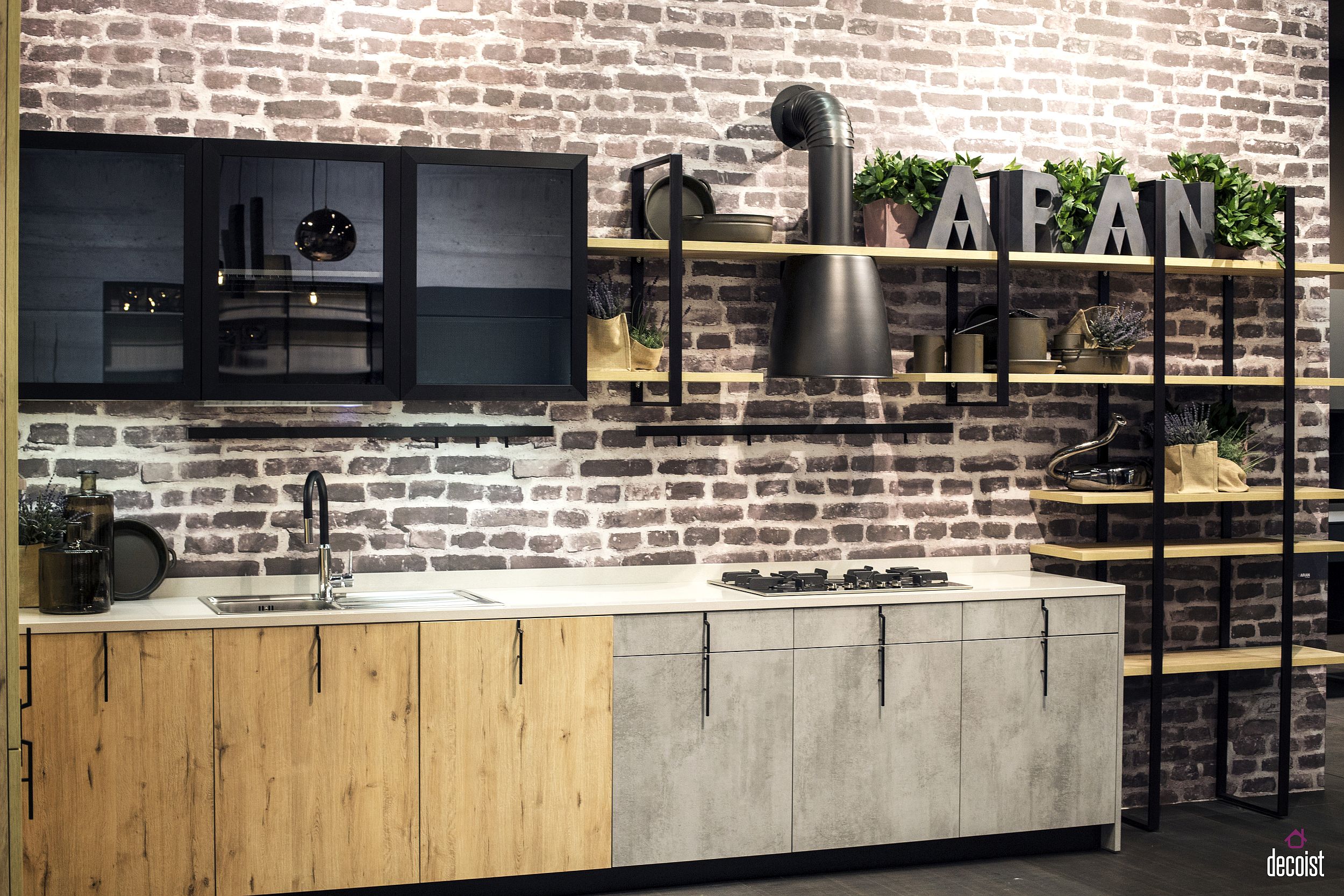 Metallic-frame-and-wooden-boards-combine-to-shape-an-industrial-style-open-shelving-in-the-kitchen