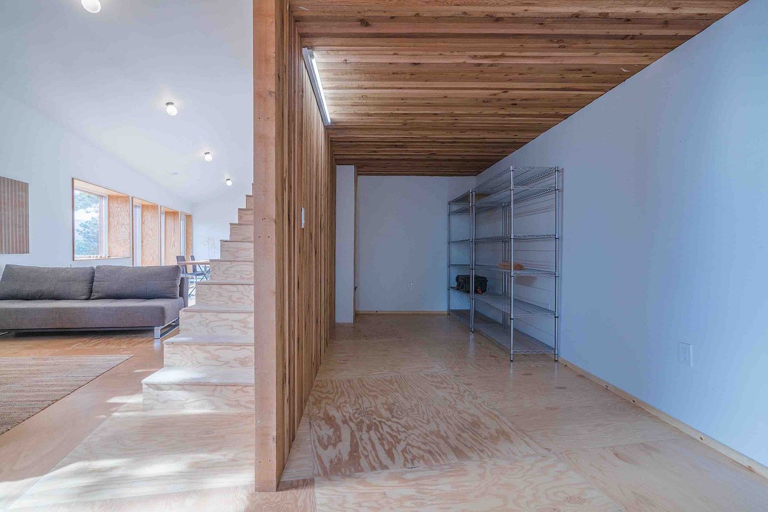 Minimal and cozy interior clad in FSC plywood, cedar and tile