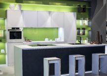 Modern kitchen in lime green and white with plenty of shelf space 217x155 Practical and Trendy: 40 Open Shelving Ideas for the Modern Kitchen