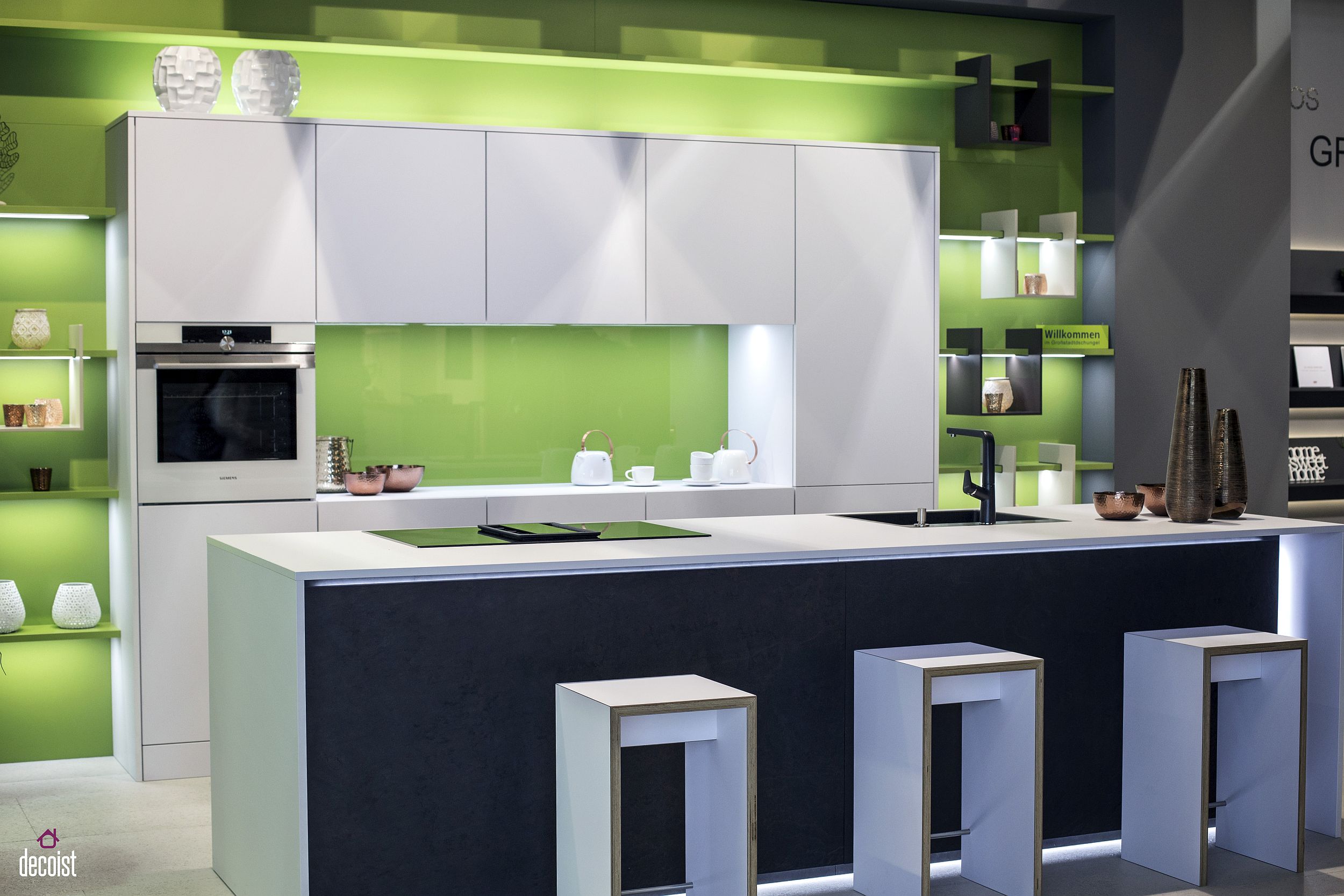 Modern kitchen in lime green and white with plenty of shelf space