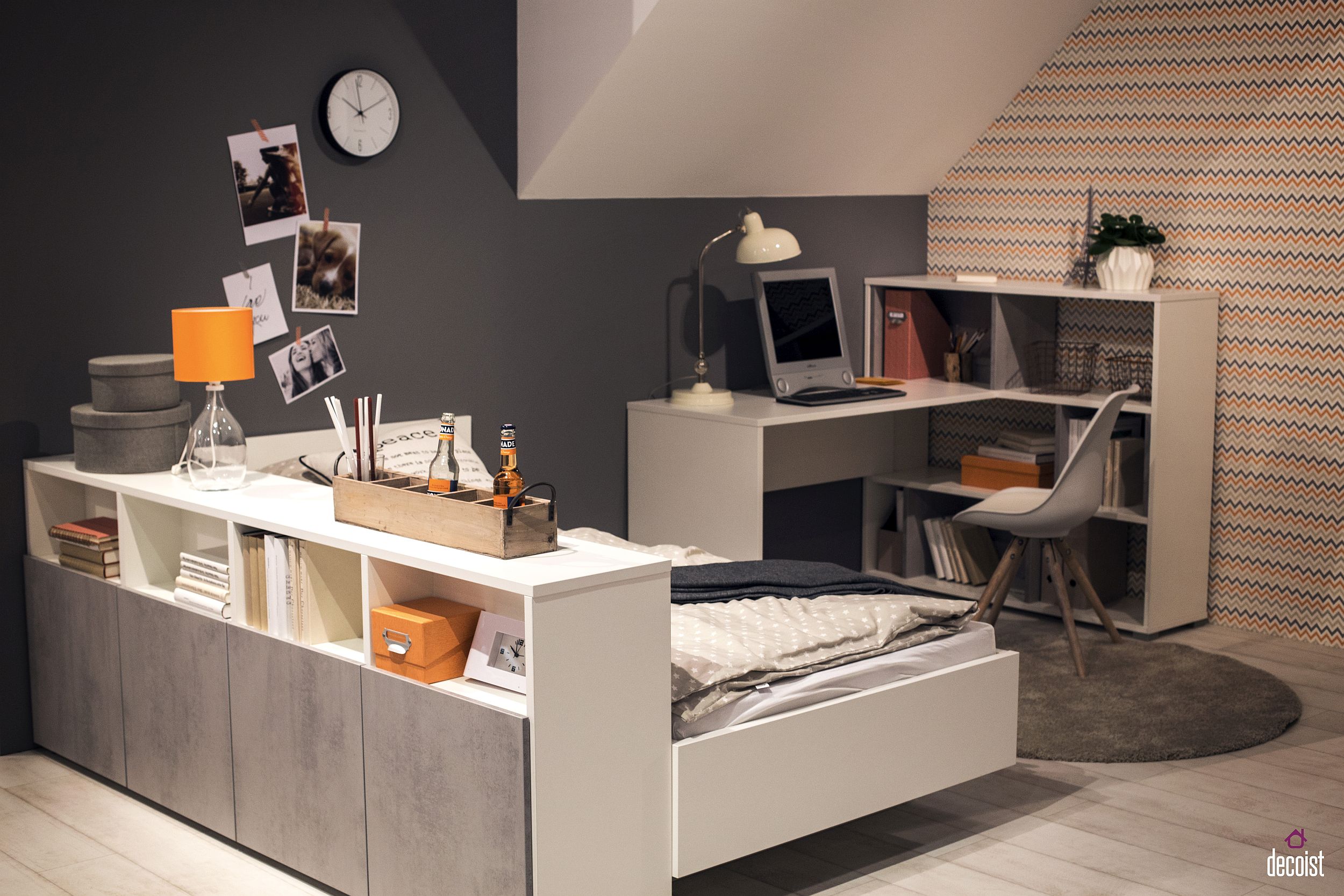 Modular-hallf-wall-with-shelves-and-unique-bed-next-to-it-for-the-space-savvy-attic-kids-room