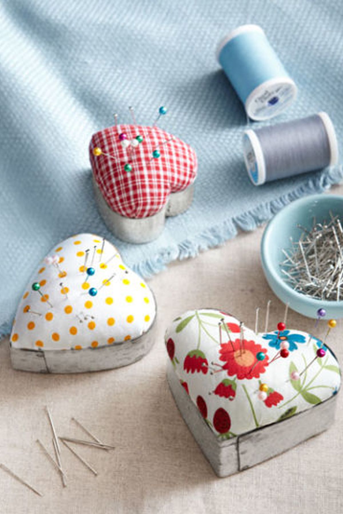 Multicolored home spun pin cushions