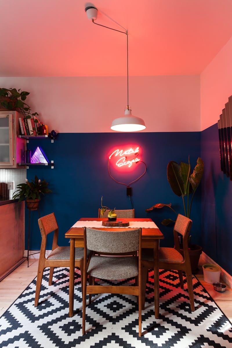 Neon sign in a darker dining corner