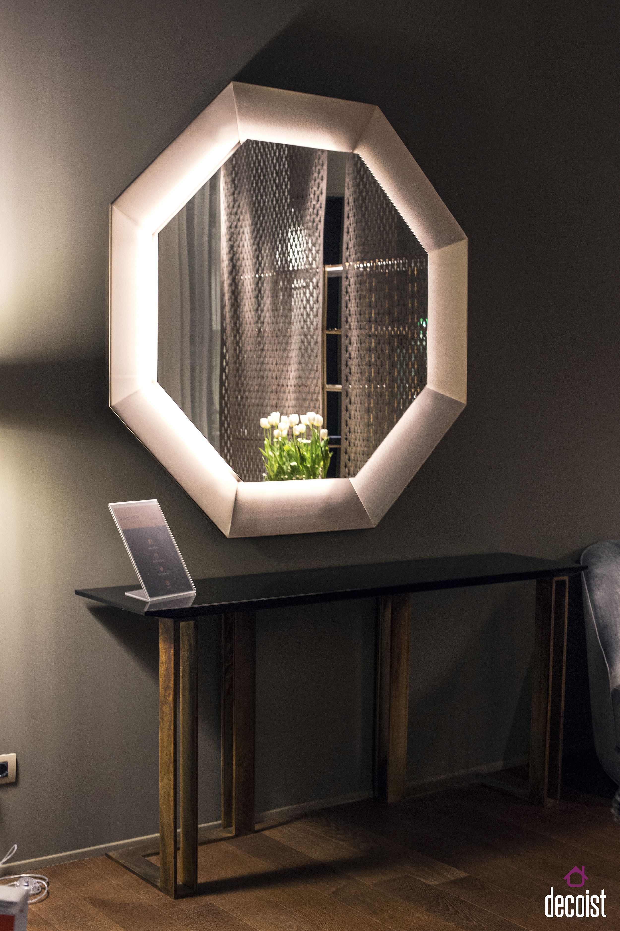 Octagonal mirror frame is a showstopper in the bathroom