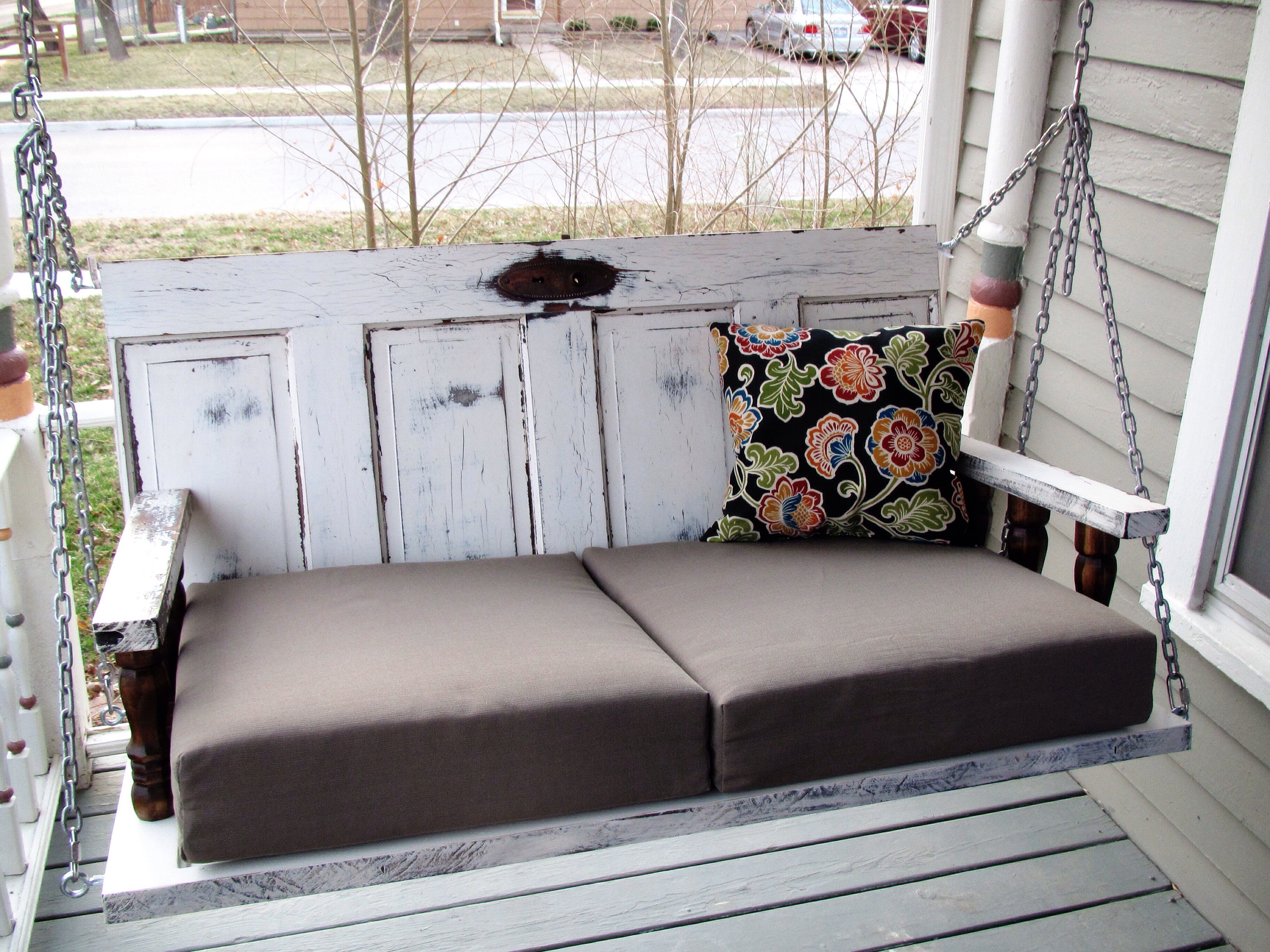 Perfect shabby porch swing made from old doors