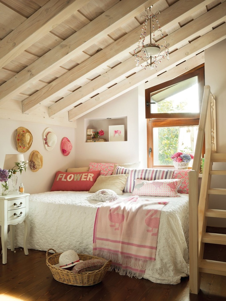 Pink and white attic bedroom