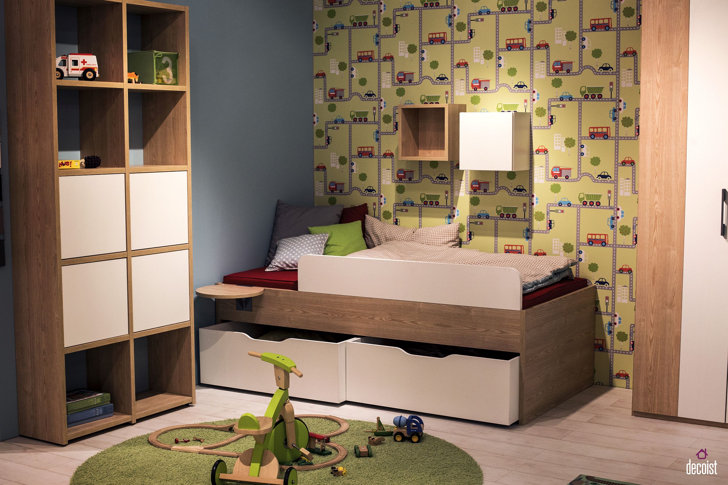 Small kids'bedroom decorating idea with trundle bed in corner and tall, open shelves