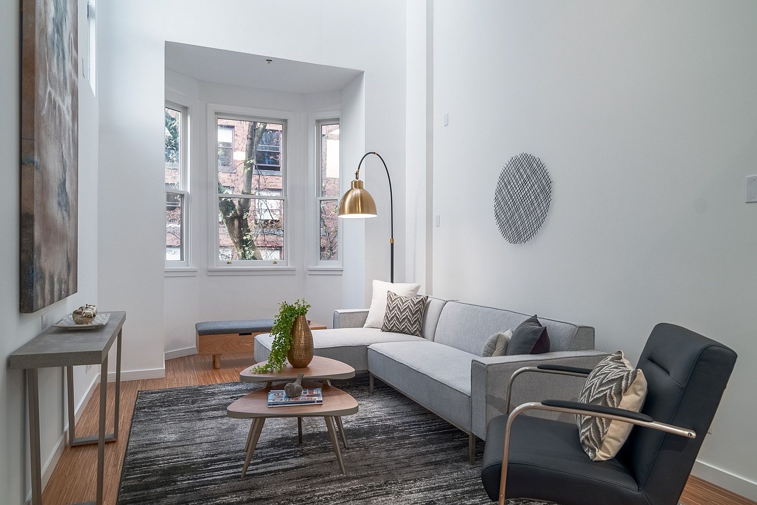 Small living room with bright metallics, floor lamp and chevron pattern accent pilow on the sectional