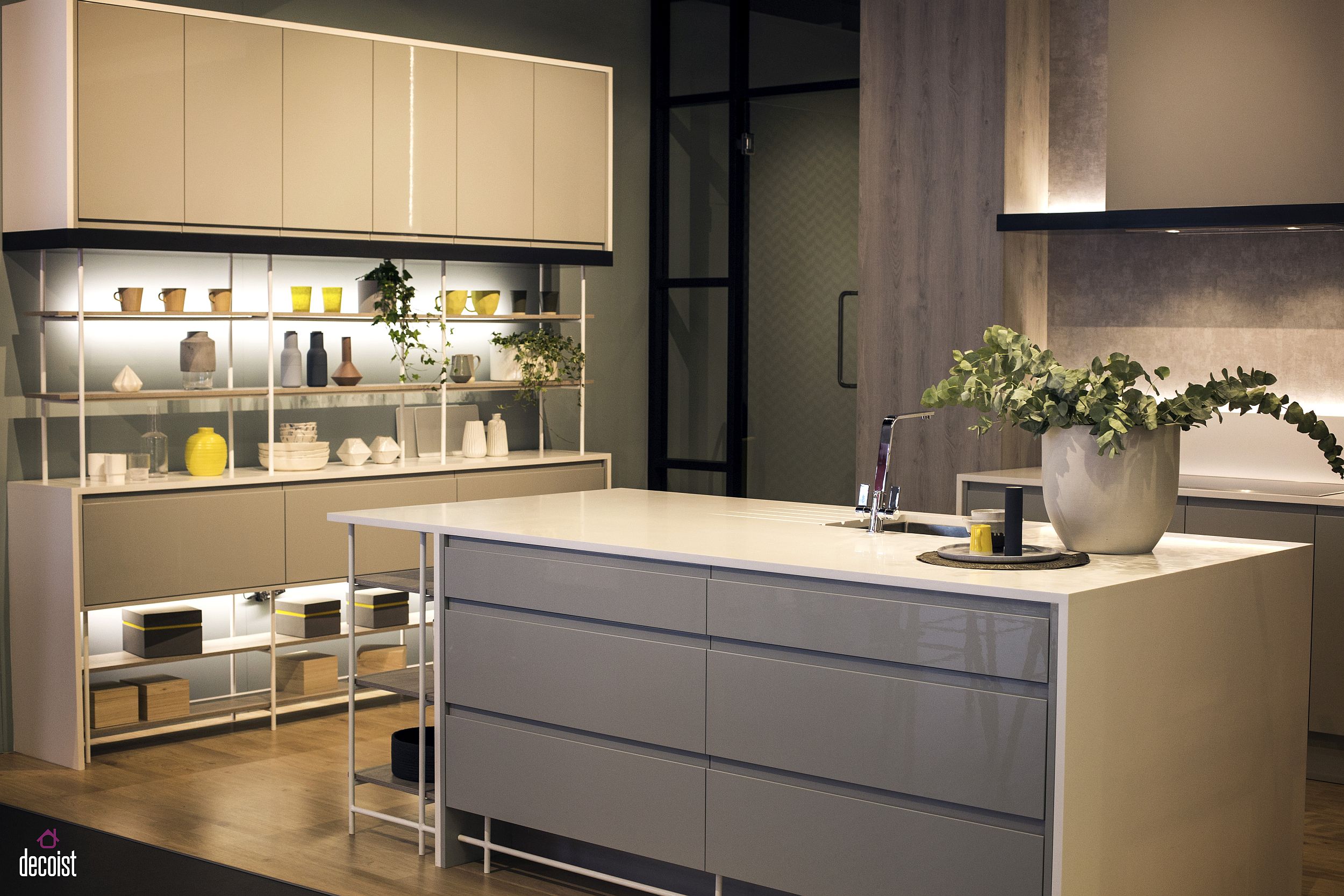 Space-savvy modern kitchen design with modular shelving from Howdens