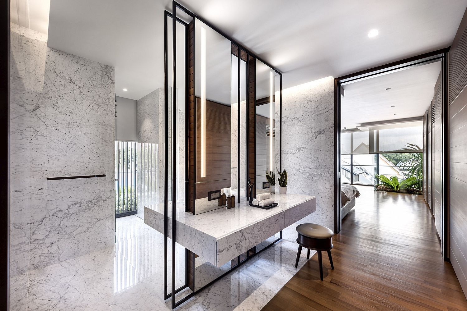 Spacious and stylish contemporary bath with a fabulous vanity